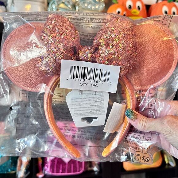 Minnie Mouse Ear Headband Sequined Bow Adults Peach Punch DISNEY PARKS NWT OS - Picture 1 of 5